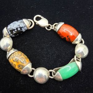 Vintage Sterling Mexico Large Heavy Gemstone Bracelet
